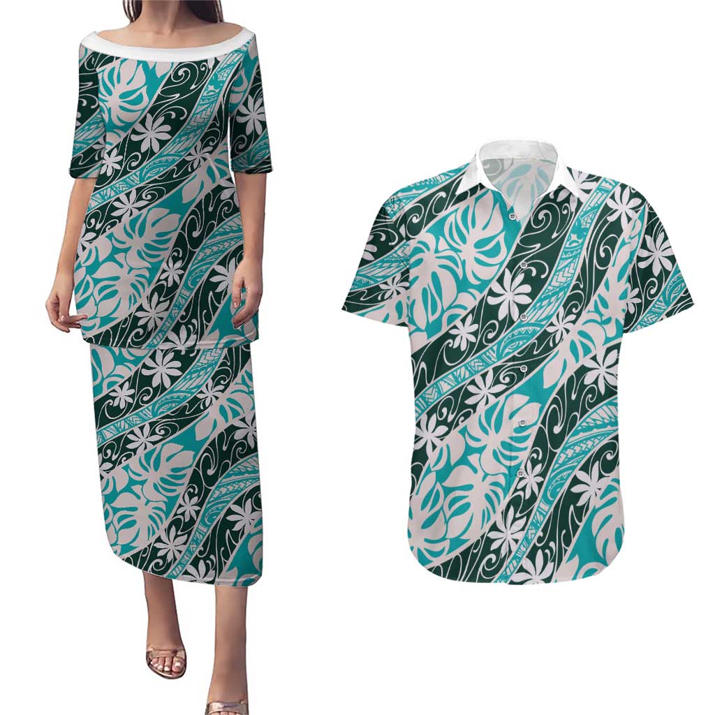 Cyan Tahiti Tiare Monstera Couples Matching Puletasi and Hawaiian Shirt Polynesian Pattern Curve Style - Polynesian Pride