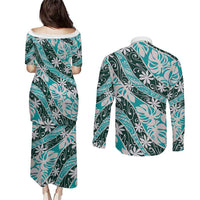 Cyan Tahiti Tiare Monstera Couples Matching Puletasi and Long Sleeve Button Shirt Polynesian Pattern Curve Style - Polynesian Pride
