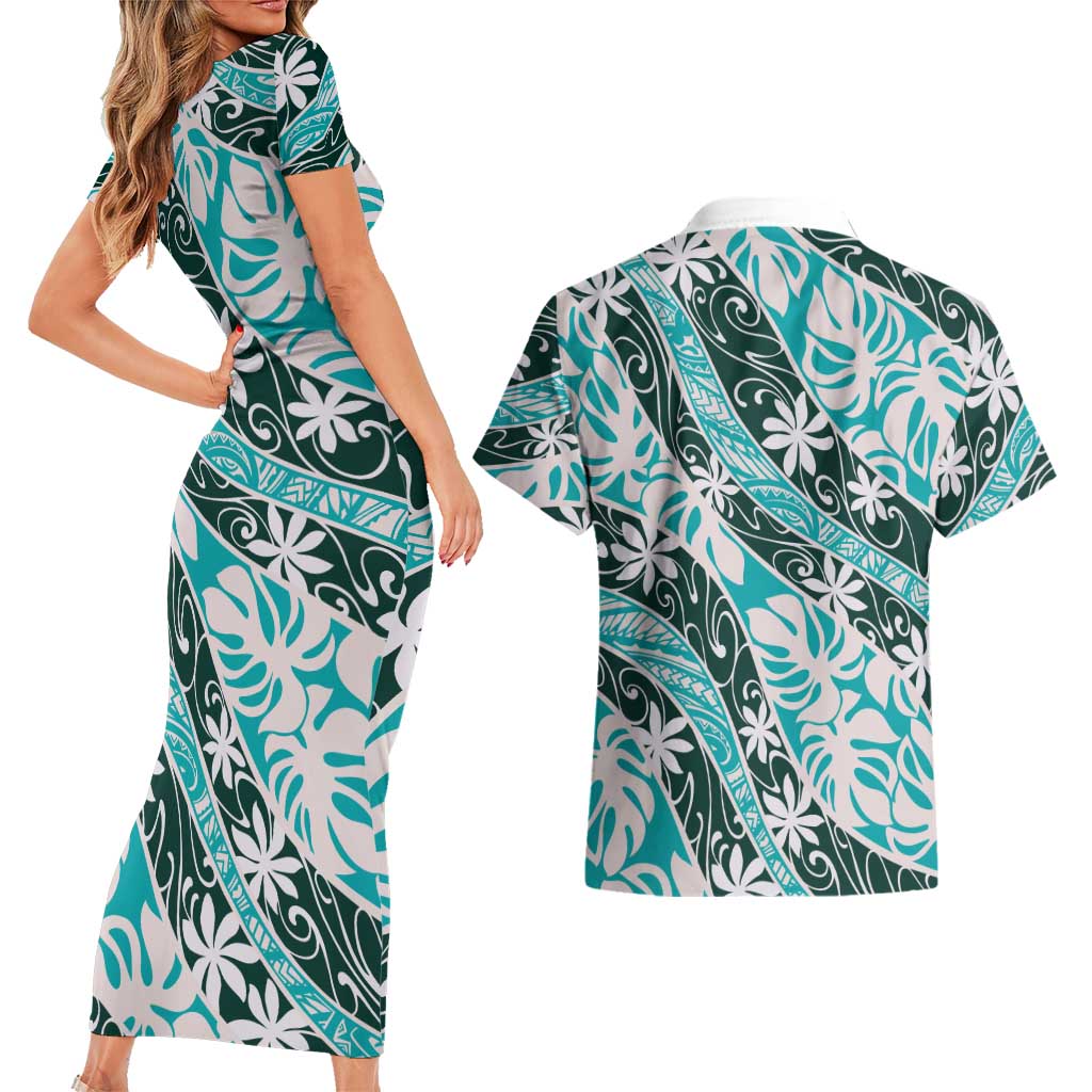Cyan Tahiti Tiare Monstera Couples Matching Short Sleeve Bodycon Dress and Hawaiian Shirt Polynesian Pattern Curve Style - Polynesian Pride
