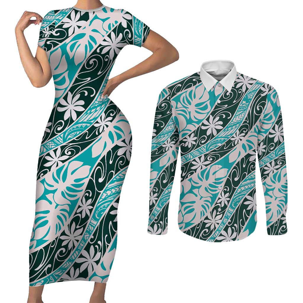 Cyan Tahiti Tiare Monstera Couples Matching Short Sleeve Bodycon Dress and Long Sleeve Button Shirt Polynesian Pattern Curve Style - Polynesian Pride