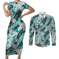 Cyan Tahiti Tiare Monstera Couples Matching Short Sleeve Bodycon Dress and Long Sleeve Button Shirt Polynesian Pattern Curve Style - Polynesian Pride
