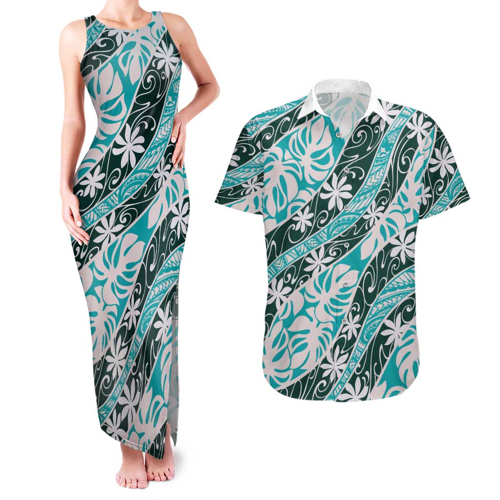 Cyan Tahiti Tiare Monstera Couples Matching Tank Maxi Dress and Hawaiian Shirt Polynesian Pattern Curve Style - Polynesian Pride