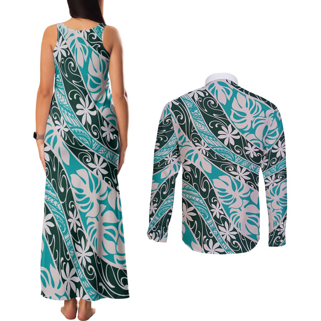 Cyan Tahiti Tiare Monstera Couples Matching Tank Maxi Dress and Long Sleeve Button Shirt Polynesian Pattern Curve Style LT01 - Polynesian Pride
