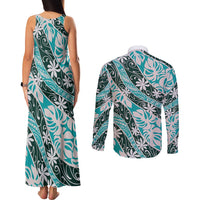 Cyan Tahiti Tiare Monstera Couples Matching Tank Maxi Dress and Long Sleeve Button Shirt Polynesian Pattern Curve Style LT01 - Polynesian Pride