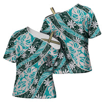 Cyan Tahiti Tiare Monstera Cross Shoulder Shirt Polynesian Pattern Curve Style - Polynesian Pride
