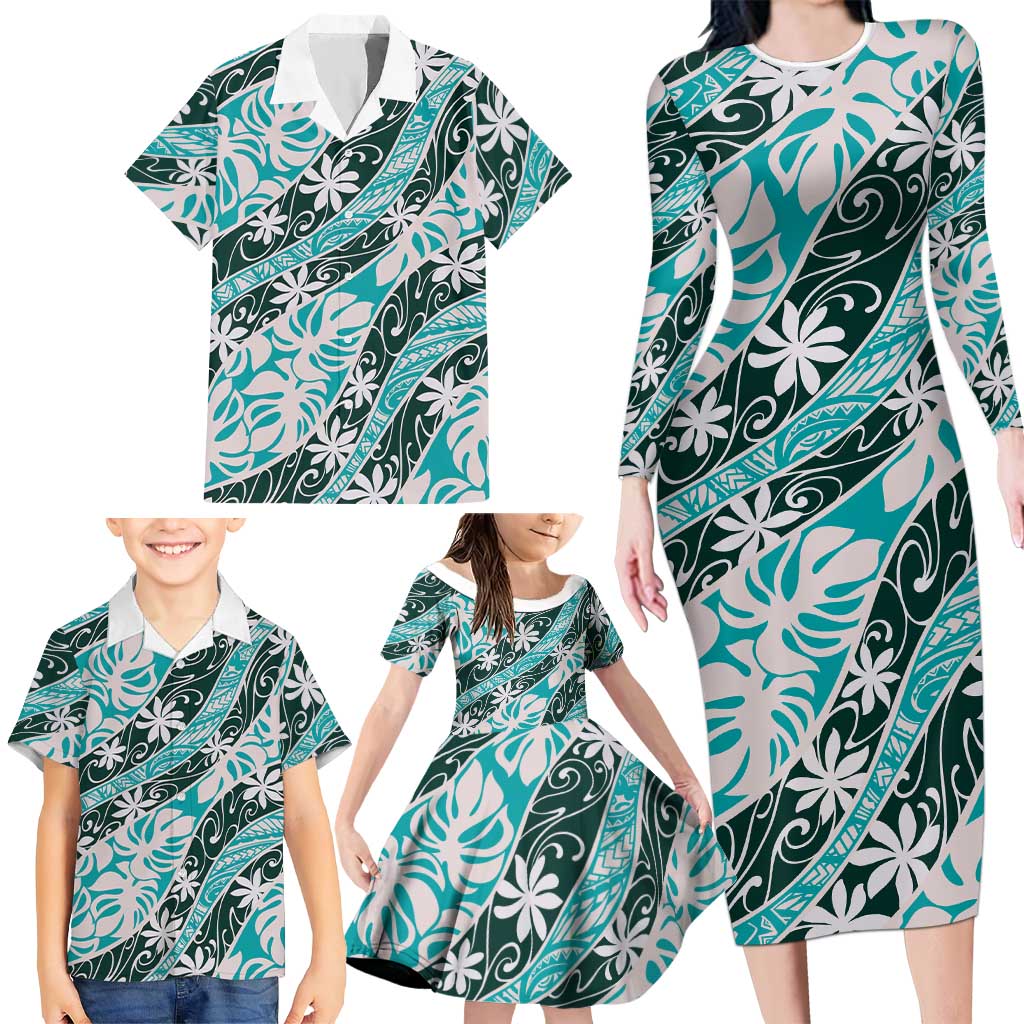 Cyan Tahiti Tiare Monstera Family Matching Long Sleeve Bodycon Dress and Hawaiian Shirt Polynesian Pattern Curve Style LT01 - Polynesian Pride