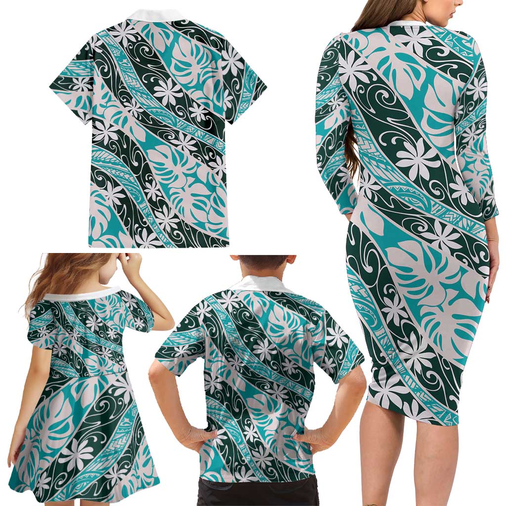 Cyan Tahiti Tiare Monstera Family Matching Long Sleeve Bodycon Dress and Hawaiian Shirt Polynesian Pattern Curve Style LT01 - Polynesian Pride