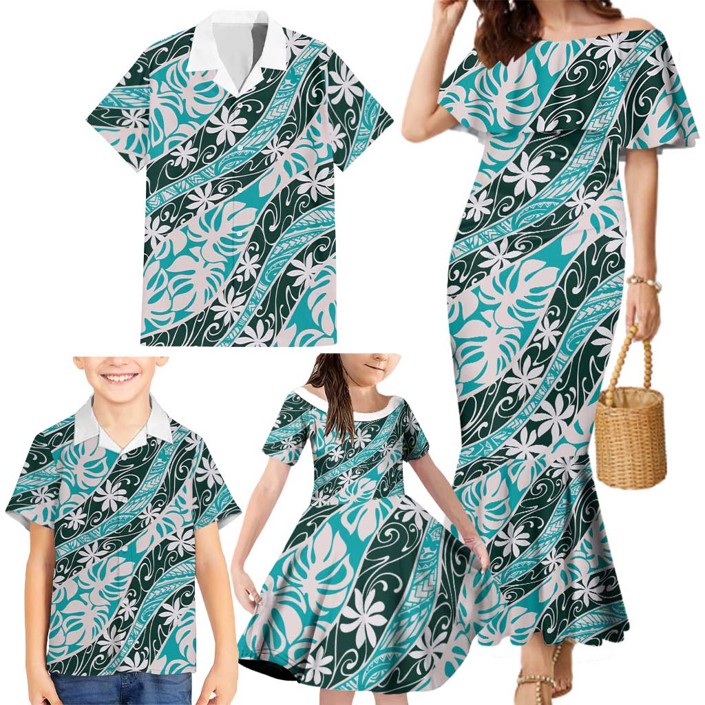 Cyan Tahiti Tiare Monstera Family Matching Mermaid Dress and Hawaiian Shirt Polynesian Pattern Curve Style LT01 - Polynesian Pride