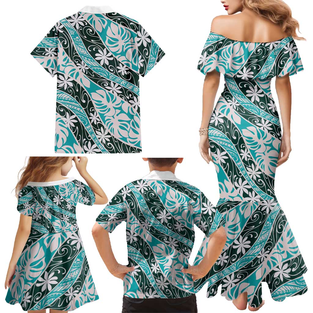 Cyan Tahiti Tiare Monstera Family Matching Mermaid Dress and Hawaiian Shirt Polynesian Pattern Curve Style LT01 - Polynesian Pride