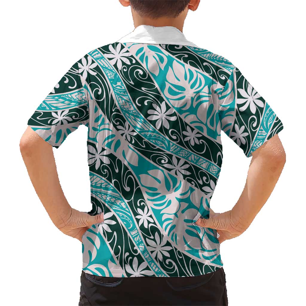 Cyan Tahiti Tiare Monstera Family Matching Off The Shoulder Long Sleeve Dress and Hawaiian Shirt Polynesian Pattern Curve Style LT01 - Polynesian Pride