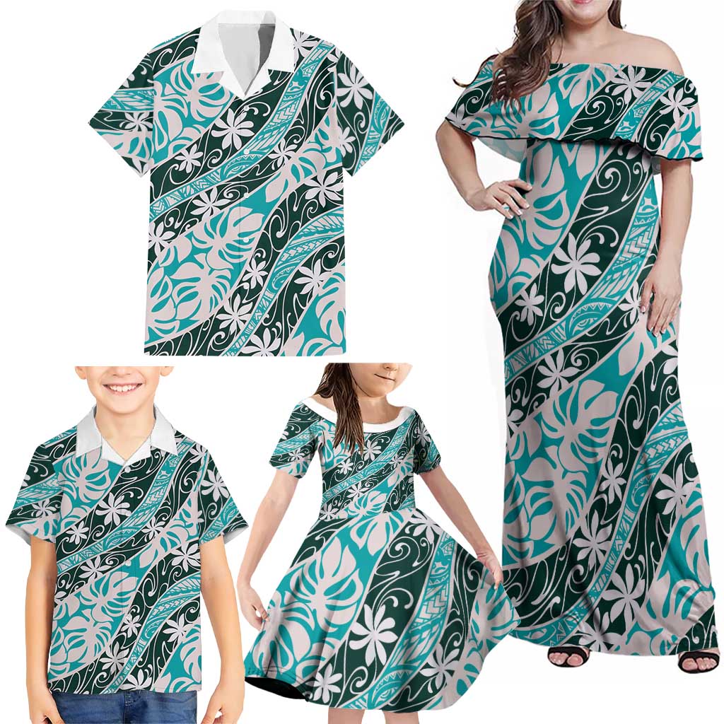 Cyan Tahiti Tiare Monstera Family Matching Off Shoulder Maxi Dress and Hawaiian Shirt Polynesian Pattern Curve Style - Polynesian Pride