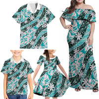 Cyan Tahiti Tiare Monstera Family Matching Off Shoulder Maxi Dress and Hawaiian Shirt Polynesian Pattern Curve Style - Polynesian Pride