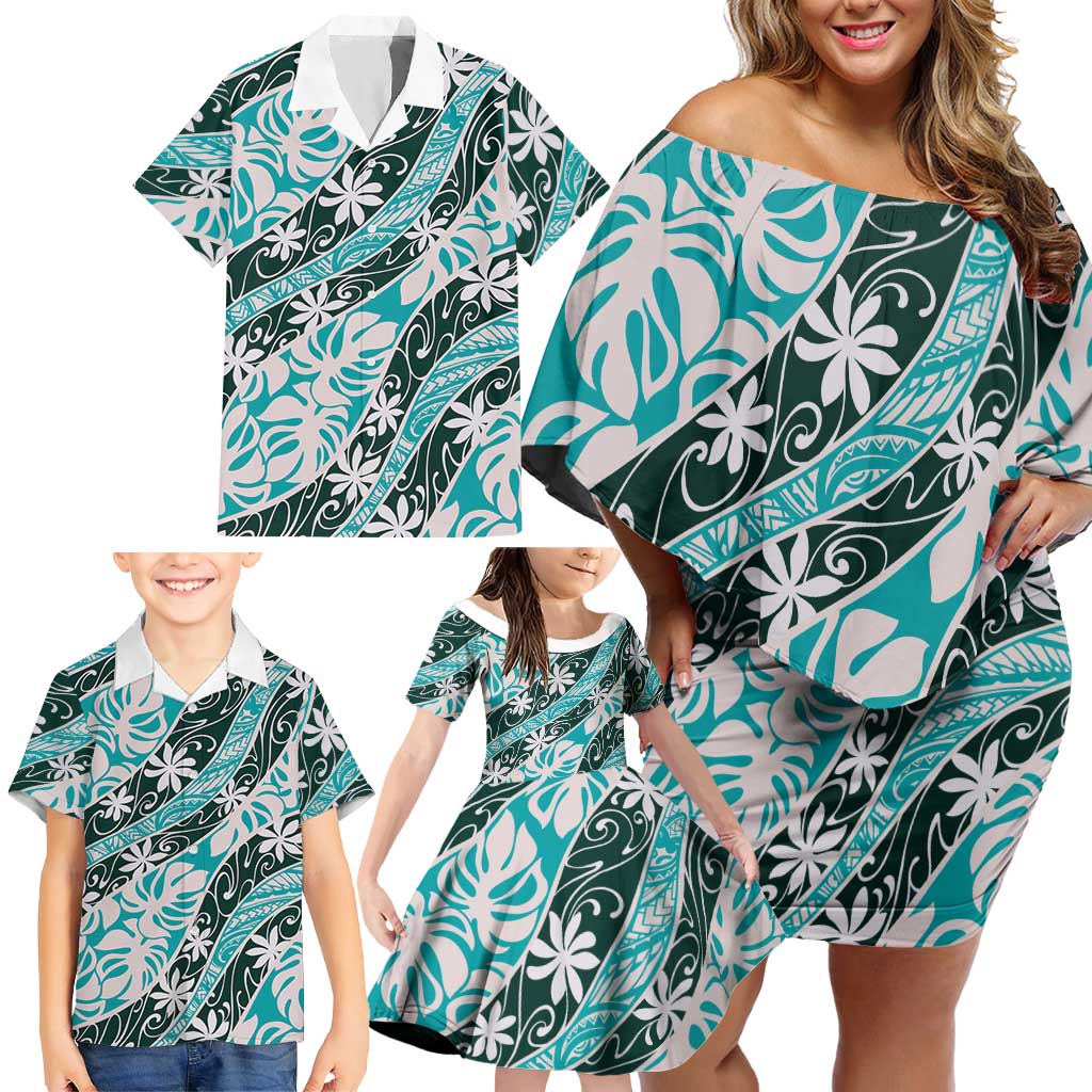 Cyan Tahiti Tiare Monstera Family Matching Off Shoulder Short Dress and Hawaiian Shirt Polynesian Pattern Curve Style - Polynesian Pride