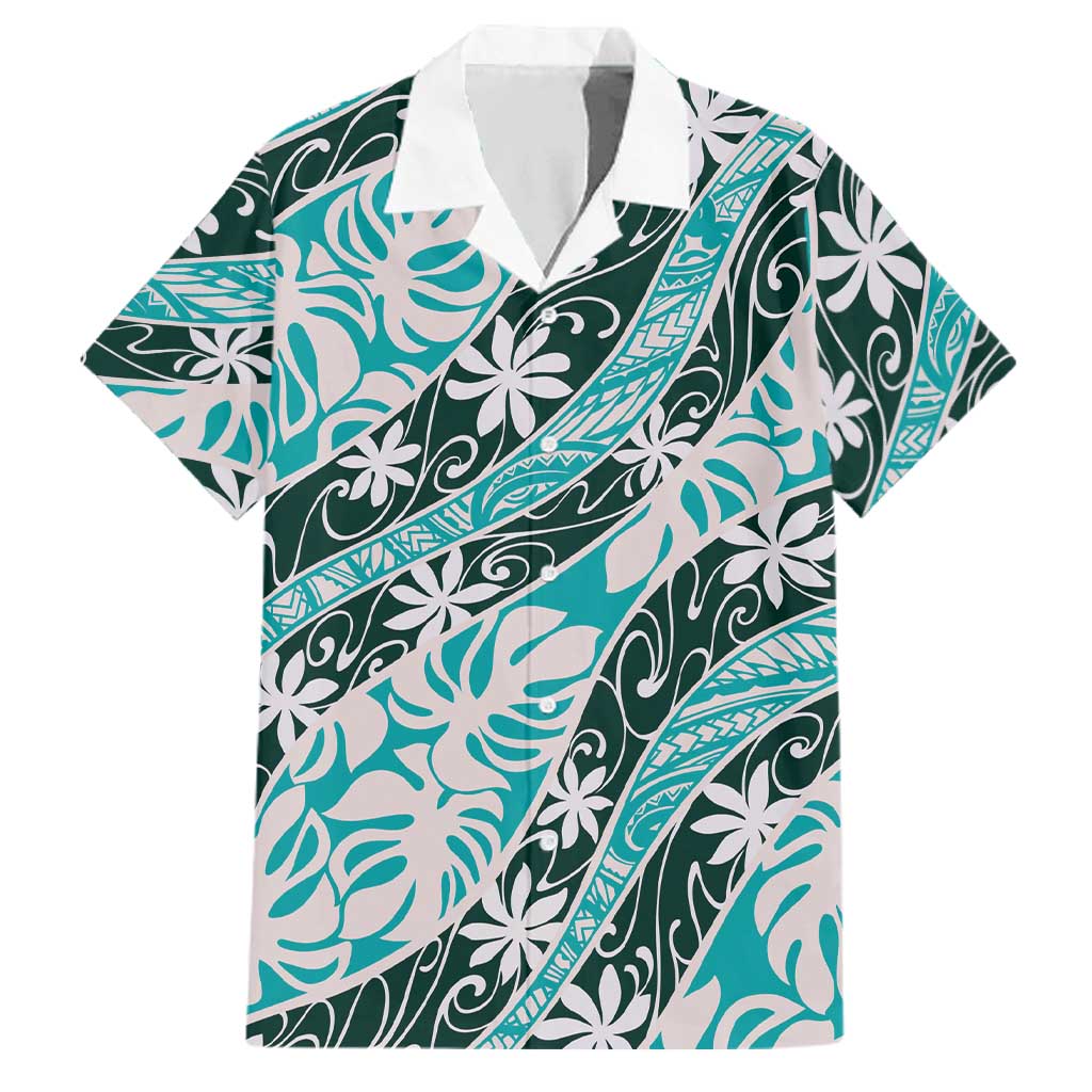 Cyan Tahiti Tiare Monstera Family Matching Off Shoulder Short Dress and Hawaiian Shirt Polynesian Pattern Curve Style LT01 Dad's Shirt - Short Sleeve Cyan - Polynesian Pride
