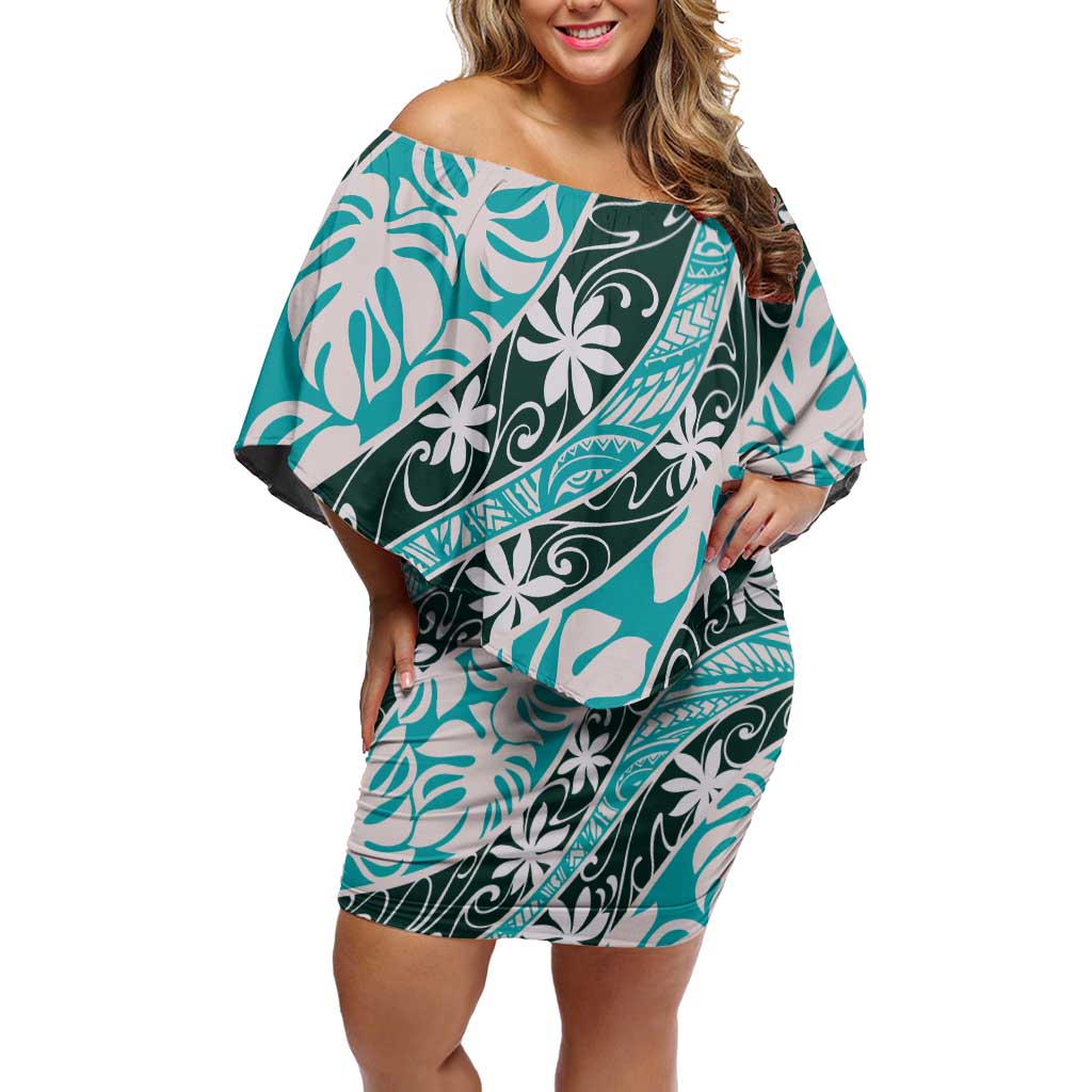 Cyan Tahiti Tiare Monstera Family Matching Off Shoulder Short Dress and Hawaiian Shirt Polynesian Pattern Curve Style LT01 Mom's Dress Cyan - Polynesian Pride