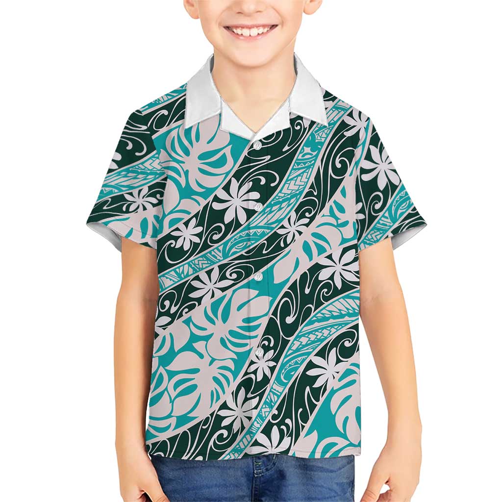 Cyan Tahiti Tiare Monstera Family Matching Off Shoulder Short Dress and Hawaiian Shirt Polynesian Pattern Curve Style LT01 Son's Shirt Cyan - Polynesian Pride