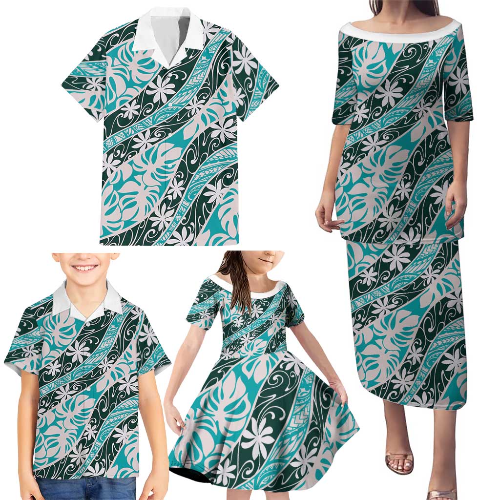 Cyan Tahiti Tiare Monstera Family Matching Puletasi and Hawaiian Shirt Polynesian Pattern Curve Style - Polynesian Pride