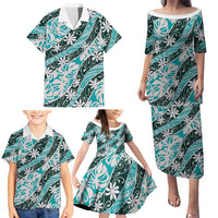 Cyan Tahiti Tiare Monstera Family Matching Puletasi and Hawaiian Shirt Polynesian Pattern Curve Style - Polynesian Pride