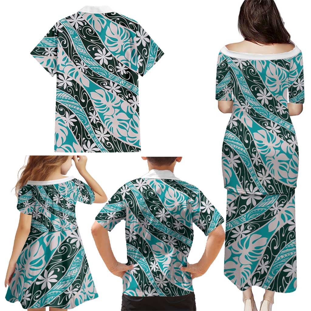 Cyan Tahiti Tiare Monstera Family Matching Puletasi and Hawaiian Shirt Polynesian Pattern Curve Style - Polynesian Pride