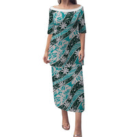 Cyan Tahiti Tiare Monstera Family Matching Puletasi and Hawaiian Shirt Polynesian Pattern Curve Style - Polynesian Pride