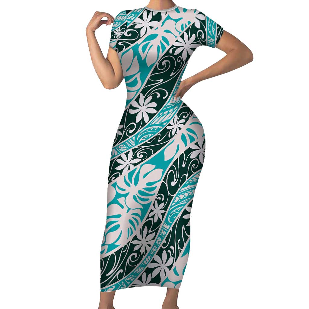 Cyan Tahiti Tiare Monstera Family Matching Short Sleeve Bodycon Dress and Hawaiian Shirt Polynesian Pattern Curve Style LT01 Mom's Dress Cyan - Polynesian Pride