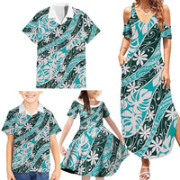 Cyan Tahiti Tiare Monstera Family Matching Summer Maxi Dress and Hawaiian Shirt Polynesian Pattern Curve Style - Polynesian Pride