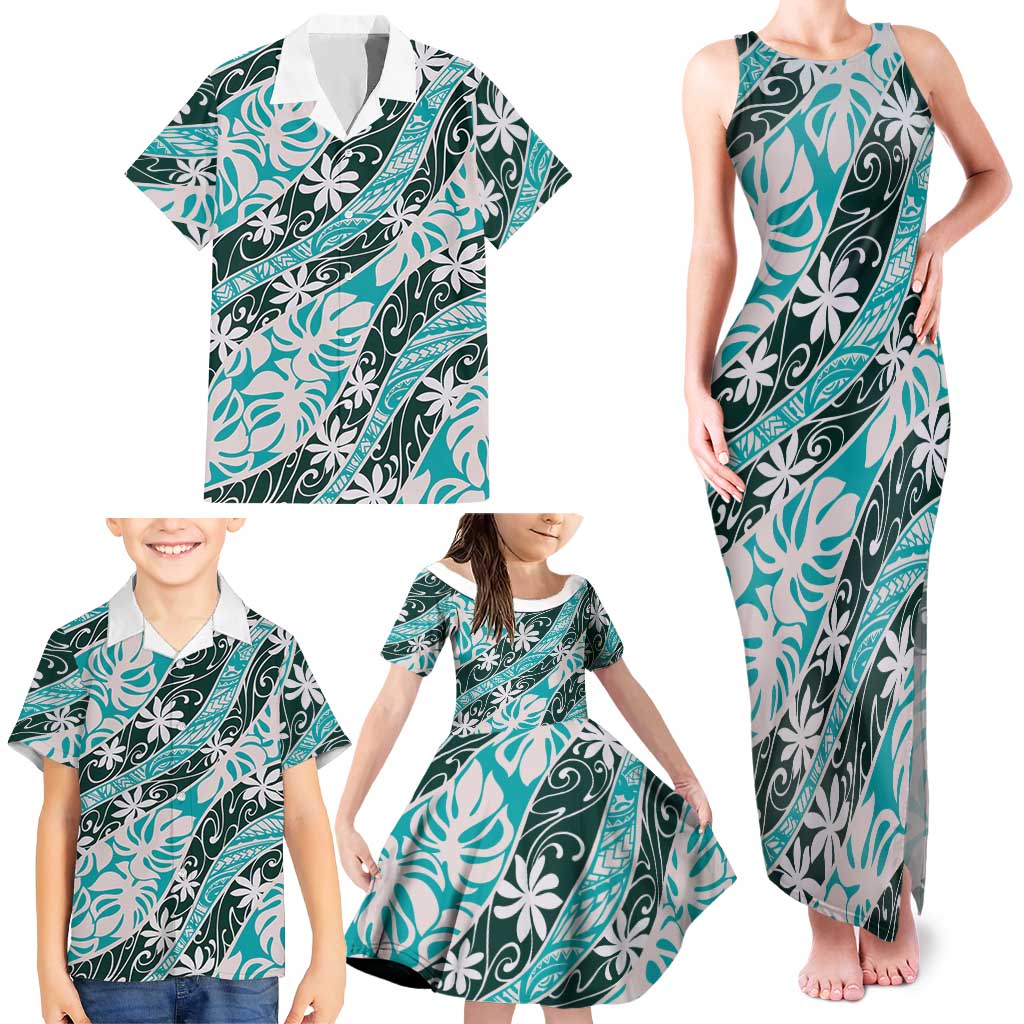 Cyan Tahiti Tiare Monstera Family Matching Tank Maxi Dress and Hawaiian Shirt Polynesian Pattern Curve Style - Polynesian Pride