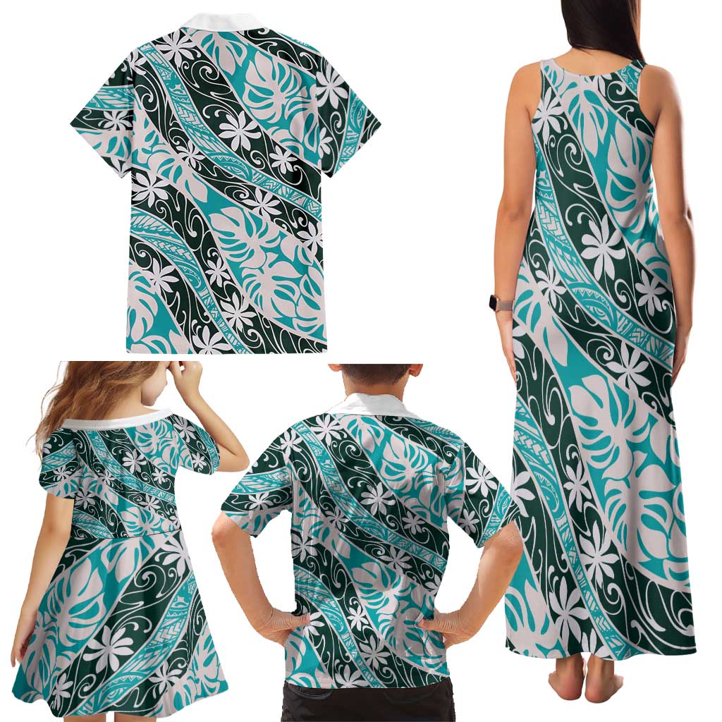 Cyan Tahiti Tiare Monstera Family Matching Tank Maxi Dress and Hawaiian Shirt Polynesian Pattern Curve Style LT01 - Polynesian Pride