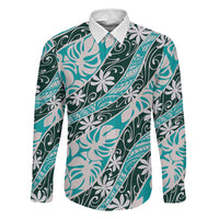 Cyan Tahiti Tiare Monstera Family Matching Tank Maxi Dress and Hawaiian Shirt Polynesian Pattern Curve Style LT01 Dad's Shirt - Long Sleeve Cyan - Polynesian Pride