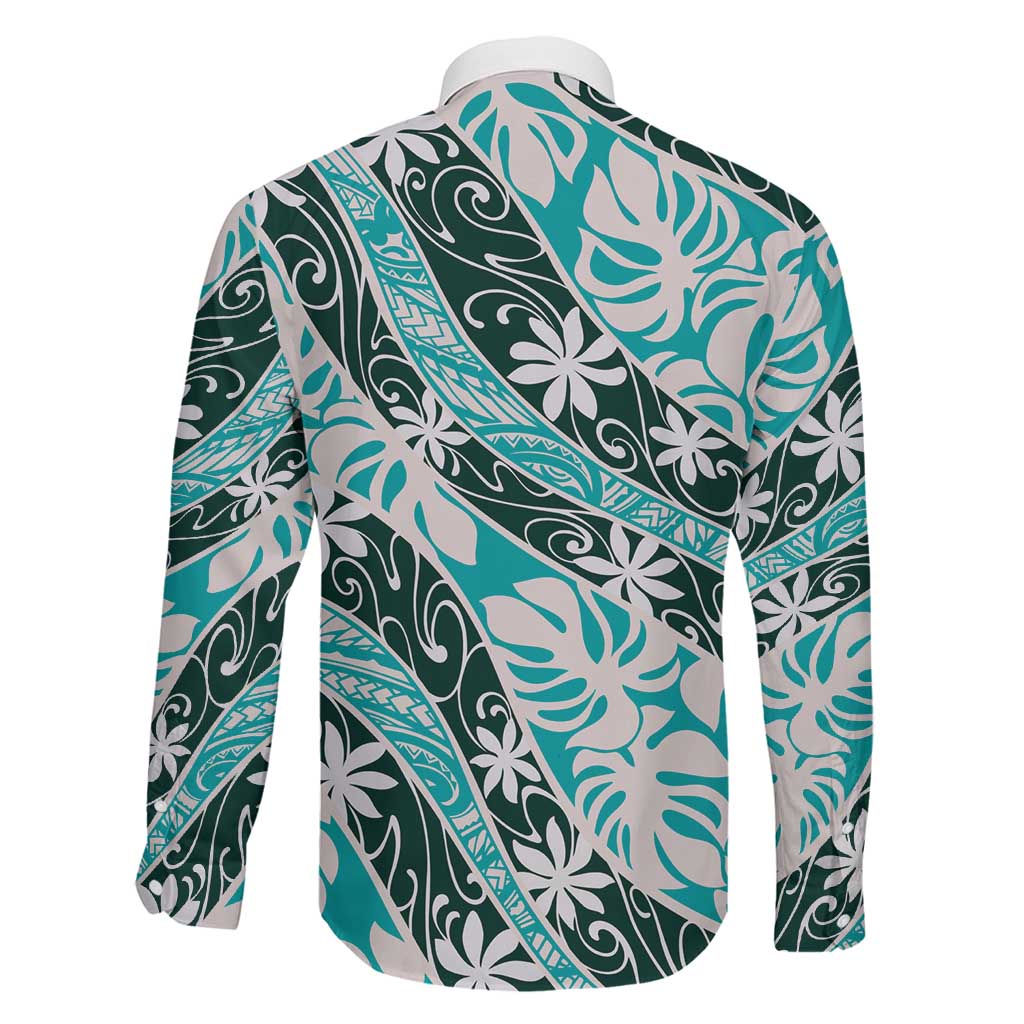Cyan Tahiti Tiare Monstera Family Matching Tank Maxi Dress and Hawaiian Shirt Polynesian Pattern Curve Style LT01 - Polynesian Pride