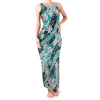 Cyan Tahiti Tiare Monstera Family Matching Tank Maxi Dress and Hawaiian Shirt Polynesian Pattern Curve Style LT01 Mom's Dress Cyan - Polynesian Pride