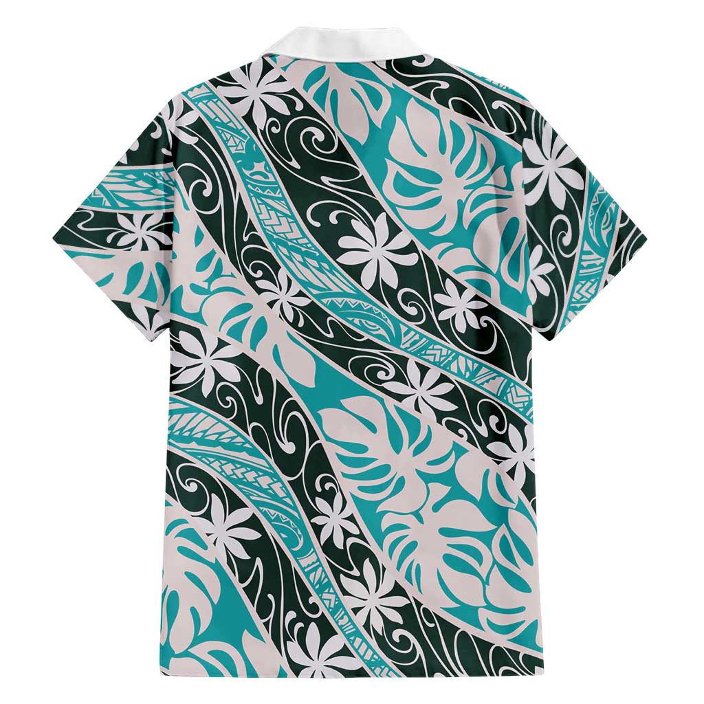 Cyan Tahiti Tiare Monstera Hawaiian Shirt Polynesian Pattern Curve Style - Polynesian Pride