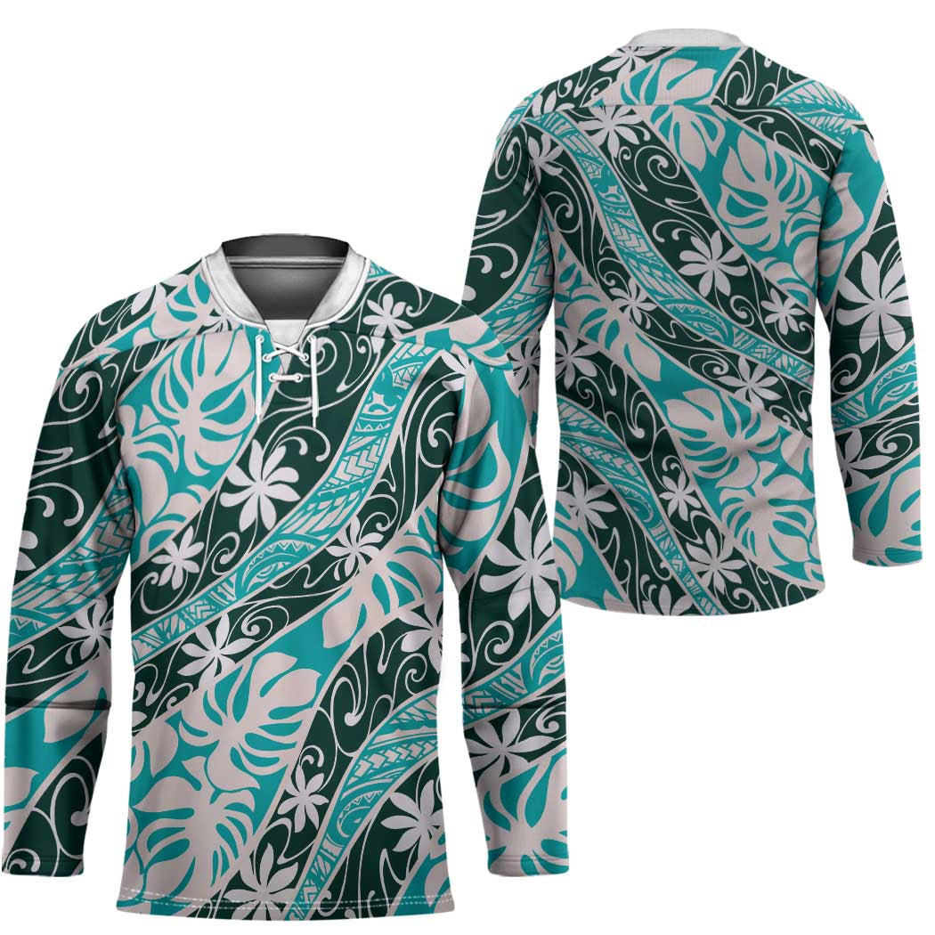Cyan Tahiti Tiare Monstera Hockey Jersey Polynesian Pattern Curve Style - Polynesian Pride