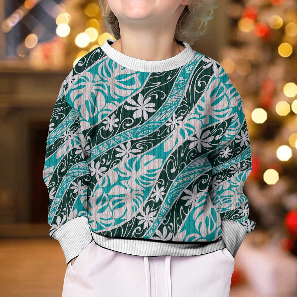 Cyan Tahiti Tiare Monstera Kid Ugly Christmas Sweater Polynesian Pattern Curve Style - Polynesian Pride
