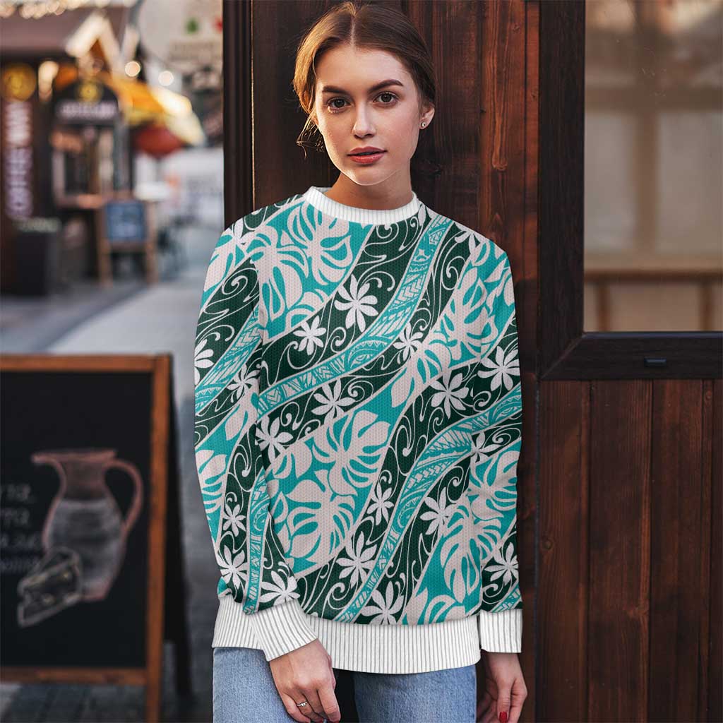 Cyan Tahiti Tiare Monstera Ugly Christmas Sweater Polynesian Pattern Curve Style - Polynesian Pride