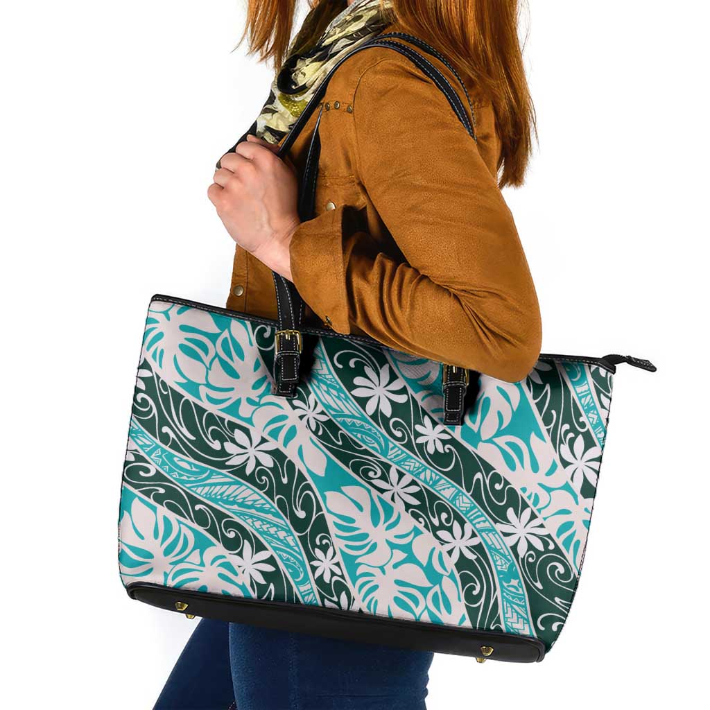 Cyan Tahiti Tiare Monstera Leather Tote Bag Polynesian Pattern Curve Style - Polynesian Pride