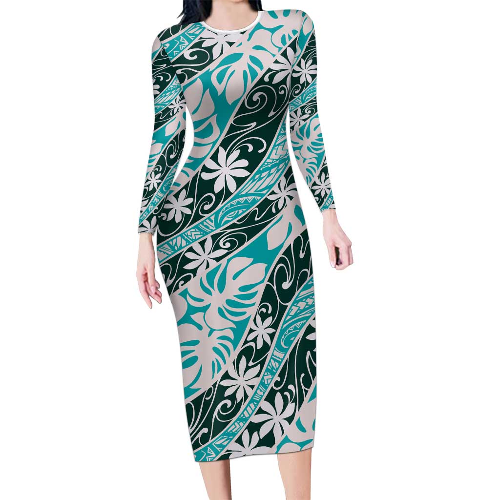 Cyan Tahiti Tiare Monstera Long Sleeve Bodycon Dress Polynesian Pattern Curve Style LT01 Long Dress Cyan - Polynesian Pride