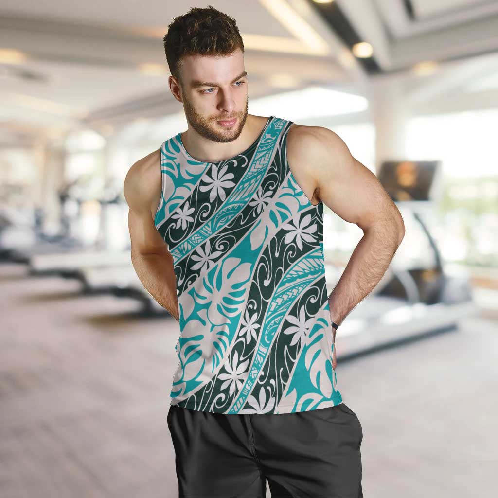 Cyan Tahiti Tiare Monstera Men Tank Top Polynesian Pattern Curve Style - Polynesian Pride