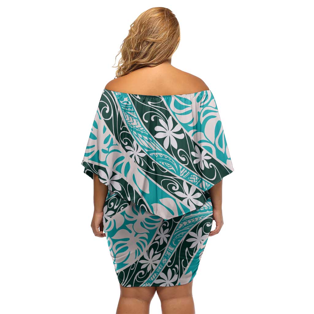 Cyan Tahiti Tiare Monstera Off Shoulder Short Dress Polynesian Pattern Curve Style LT01 - Polynesian Pride