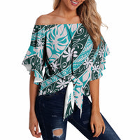 Cyan Tahiti Tiare Monstera Off Shoulder Wrap Waist Top Polynesian Pattern Curve Style LT01 - Polynesian Pride