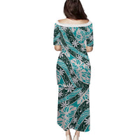 Cyan Tahiti Tiare Monstera Puletasi Polynesian Pattern Curve Style - Polynesian Pride