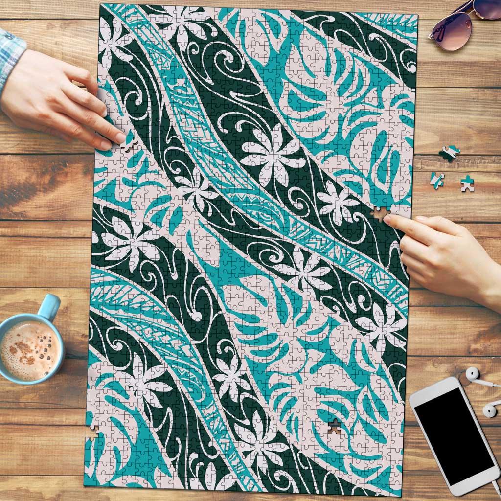 Cyan Tahiti Tiare Monstera Puzzle Polynesian Pattern Curve Style - Polynesian Pride