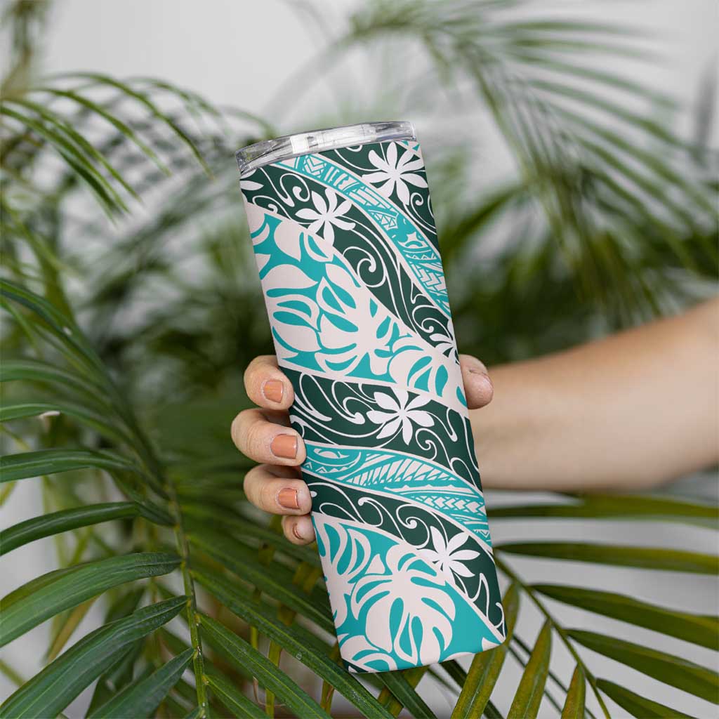 Cyan Tahiti Tiare Monstera Skinny Tumbler Polynesian Pattern Curve Style - Polynesian Pride