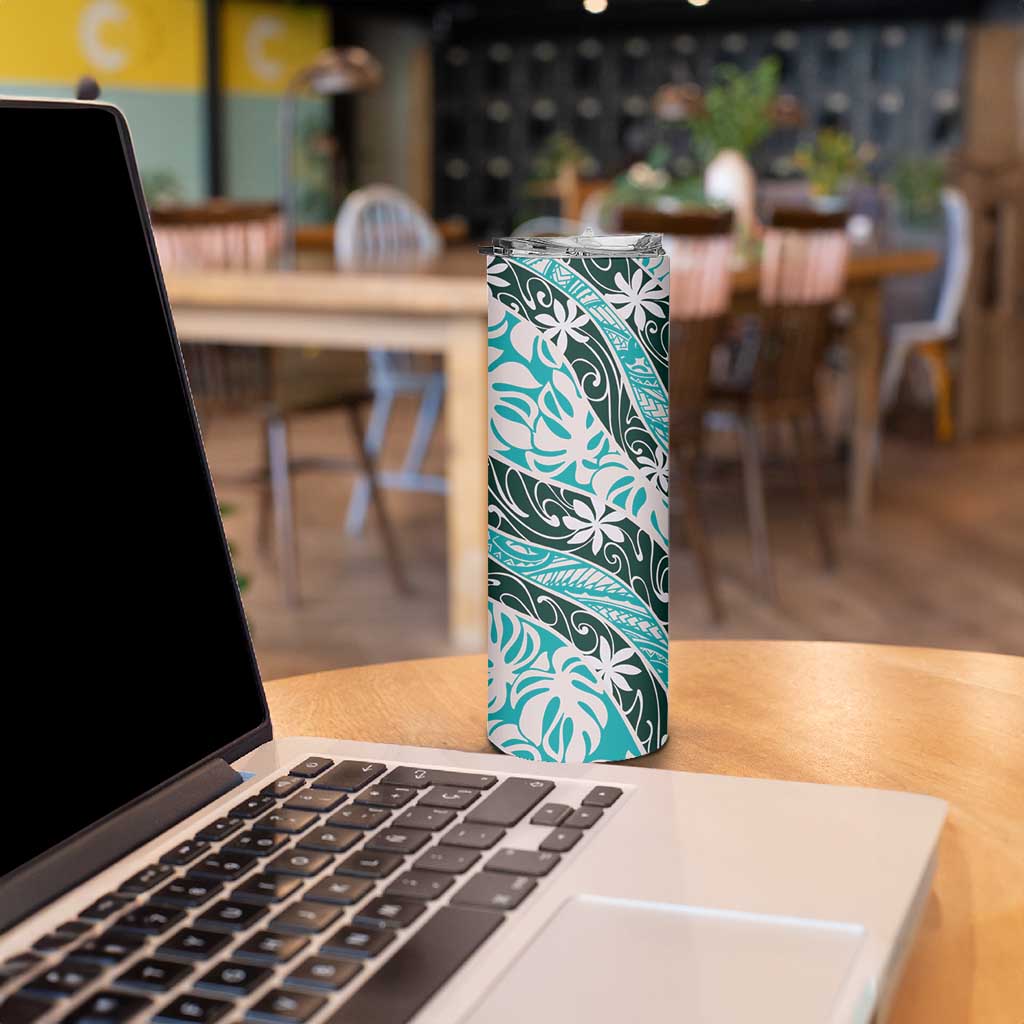 Cyan Tahiti Tiare Monstera Skinny Tumbler Polynesian Pattern Curve Style - Polynesian Pride