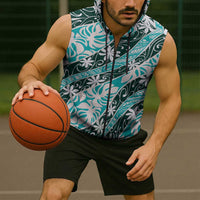 Cyan Tahiti Tiare Monstera Sleeveless Zip Hoodie Polynesian Pattern Curve Style - Polynesian Pride