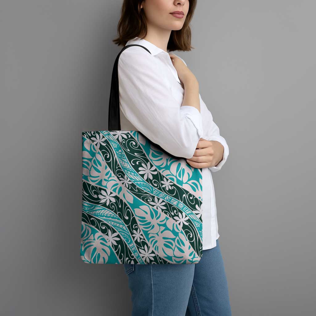 Cyan Tahiti Tiare Monstera Tote Bag Polynesian Pattern Curve Style - Polynesian Pride