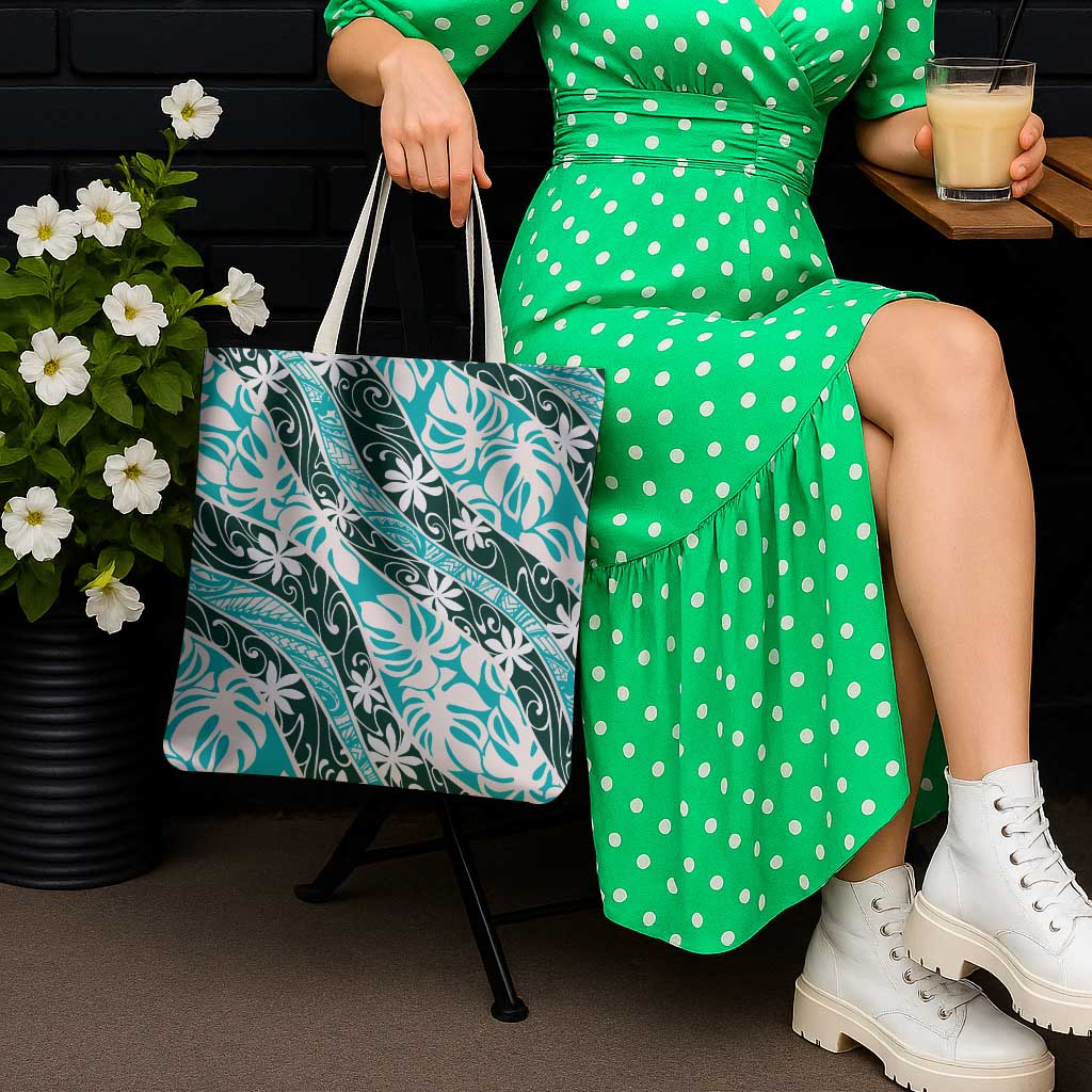 Cyan Tahiti Tiare Monstera Tote Bag Polynesian Pattern Curve Style - Polynesian Pride