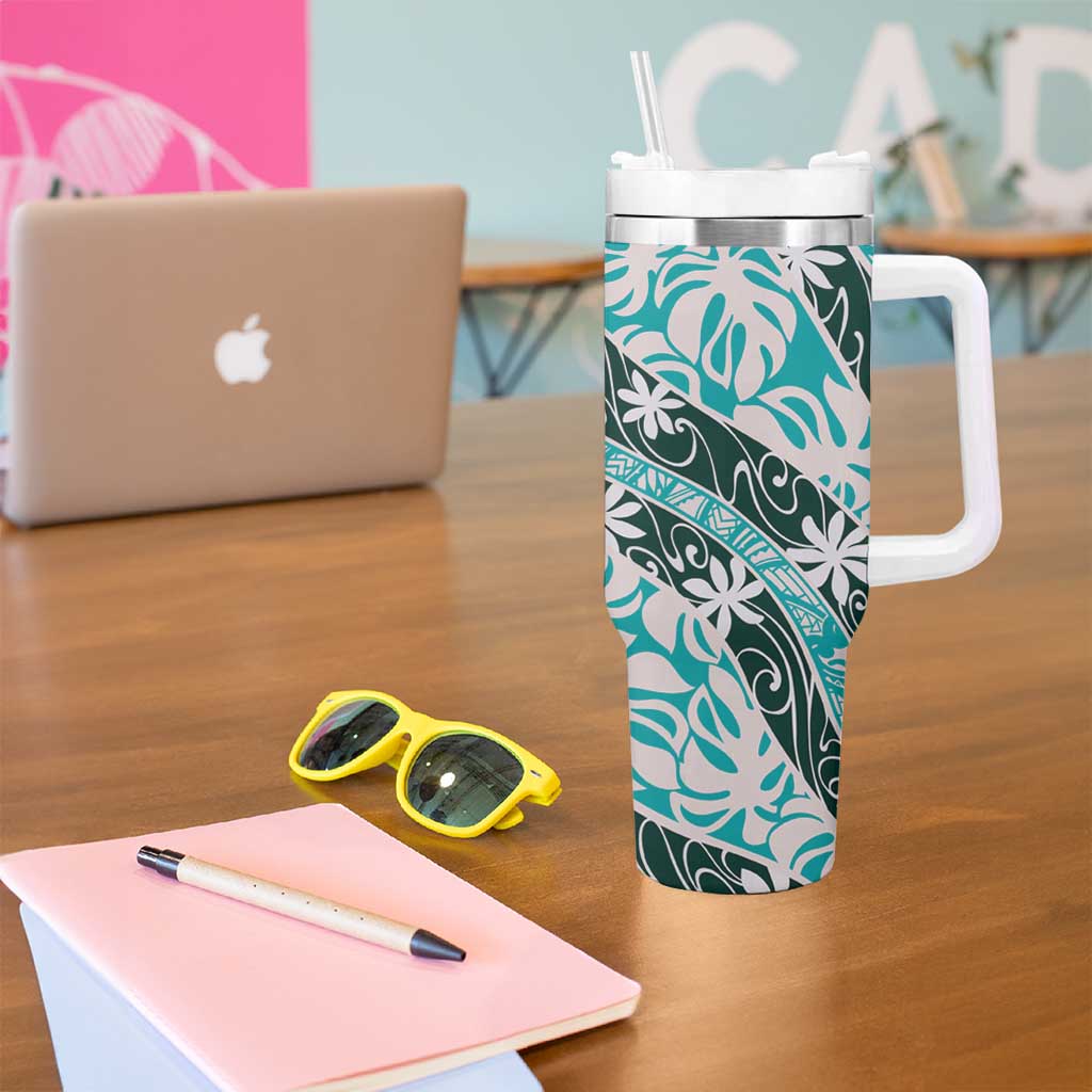 Cyan Tahiti Tiare Monstera Tumbler With Handle Polynesian Pattern Curve Style - Polynesian Pride