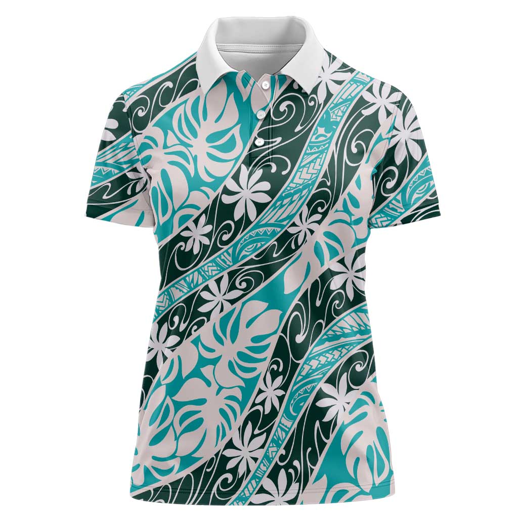 Cyan Tahiti Tiare Monstera Women Polo Shirt Polynesian Pattern Curve Style - Polynesian Pride