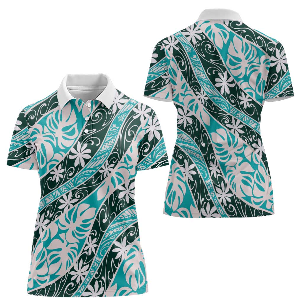 Cyan Tahiti Tiare Monstera Women Polo Shirt Polynesian Pattern Curve Style - Polynesian Pride